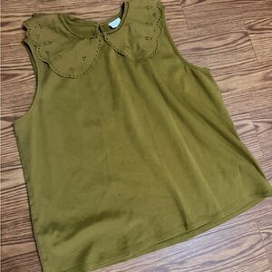 A New Day Peter Pan Olive Sleeveless with Scalloped Lace Neck Large